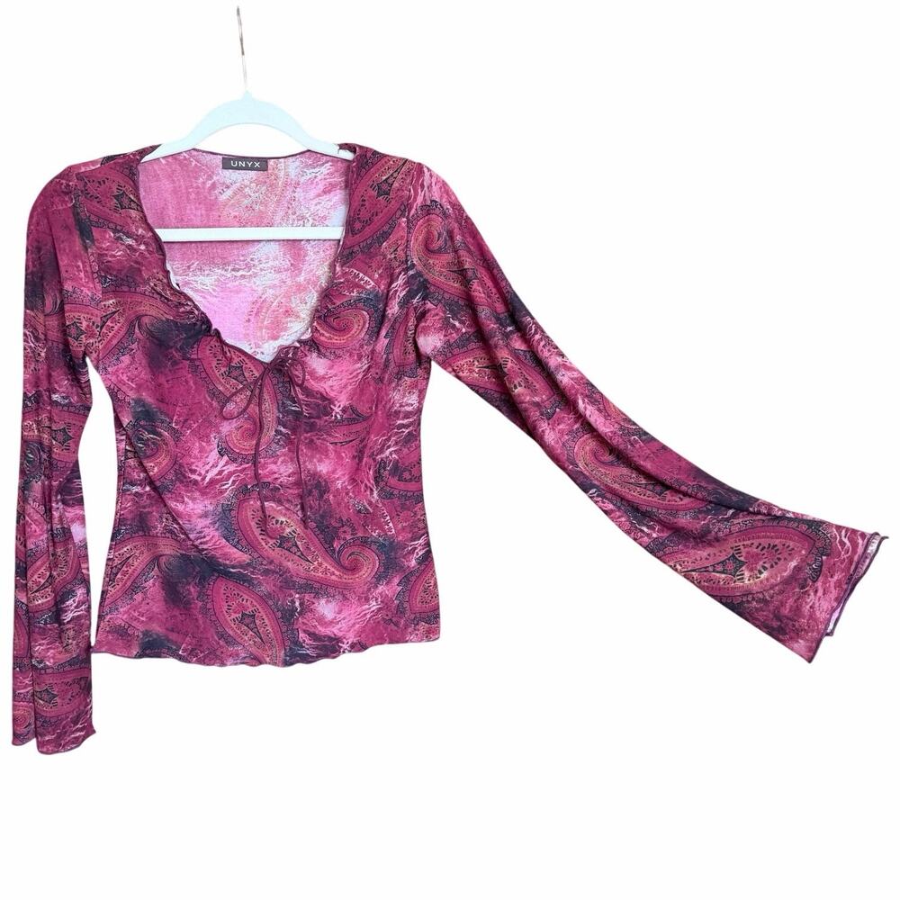UNYX Y2K Vintage long flare sleeve paisley print top v neck large USA boho 90s L